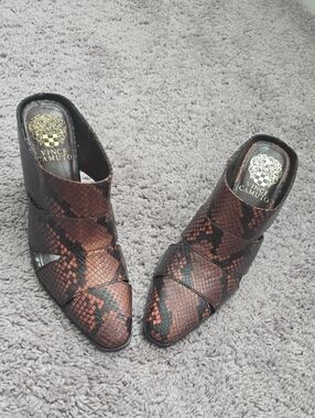 Vince Camuto Brown & Black Snake-Print Slip-On Mules